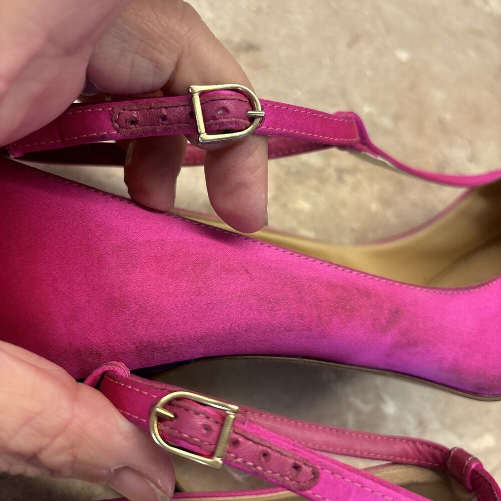 J Crew Women Pink Satin Heels Navy Blue Patent Leather Toe Heels T Strap 8.5 - Picture 8 of 11